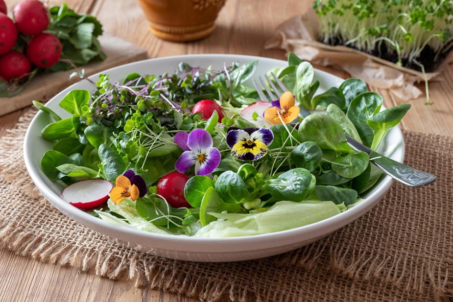 Organska prolećna salata sa jestivim cvećem i mikrozelenilom za detoksikaciju.