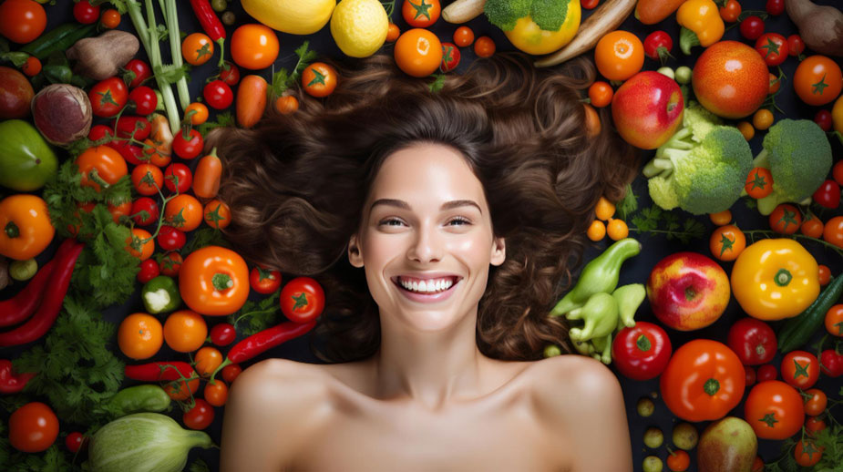 Nasmejana žena okružena svežim voćem i povrćem