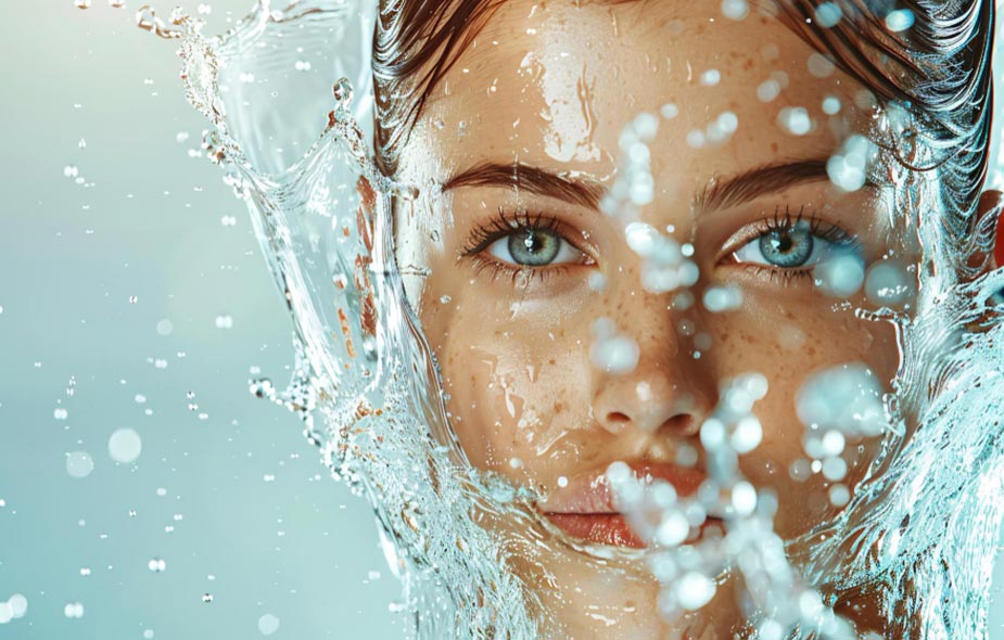 Žena sa svežom i hidratizovanom kožom lica pod vodom