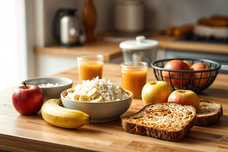 Kuvani pirinač, banana, sos od jabuke i tost na kuhinjskom stolu - BRAT dijeta