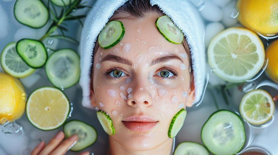 Mlađa žena revitalizuje kožu lica kolutićima krastavca