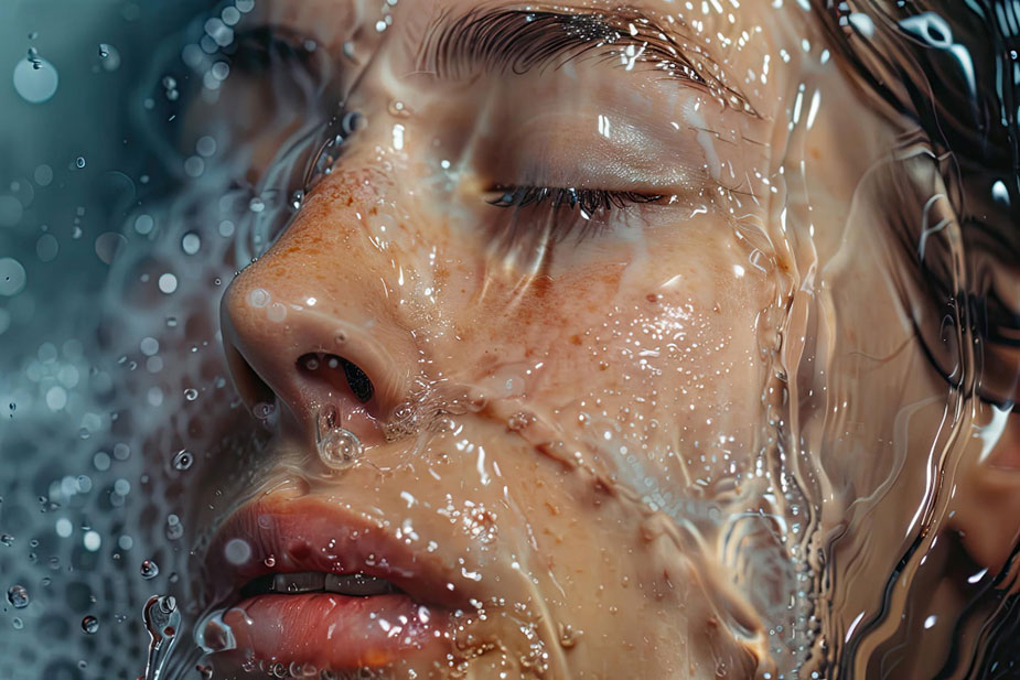 Lice žene koja pušta da joj voda teče preko lica
