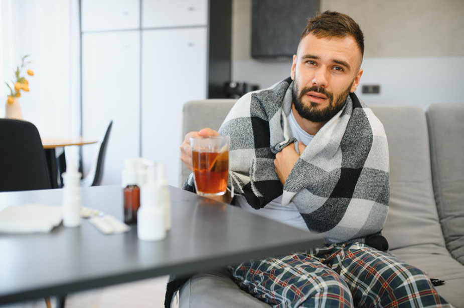 Muškarac ogrnut ćebetom drži šolju čaja a ispred njega je sto sa lekovima protiv kijavice i prehlade