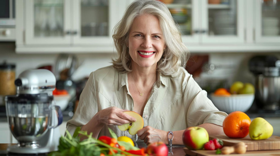 Žena u četrdesetim se osmehuje dok sprema voće za šejk