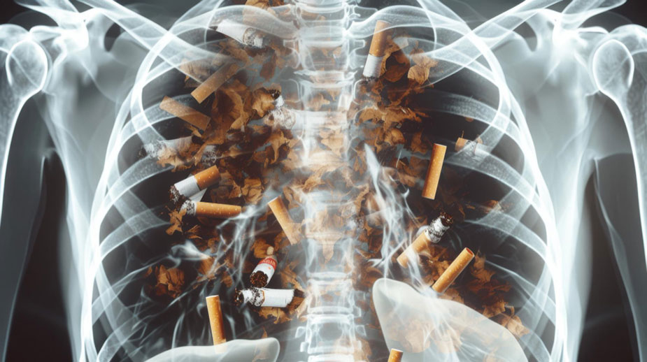 Rendgenski prikaz pluća prepunih duvanskog dima i opušaka