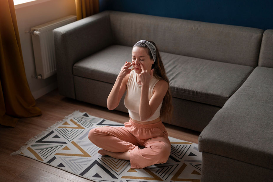 Žena sedi u položaju za meditaciju i radi vežbe disanja u dnevnoj sobi.