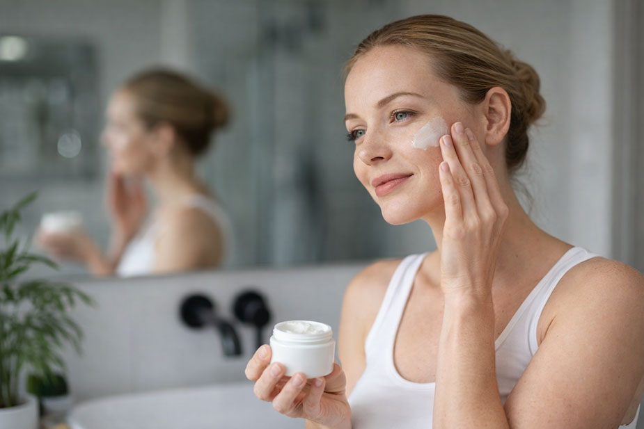 Žena nanosi kremu tokom jednostavne nege osetljive kože lica