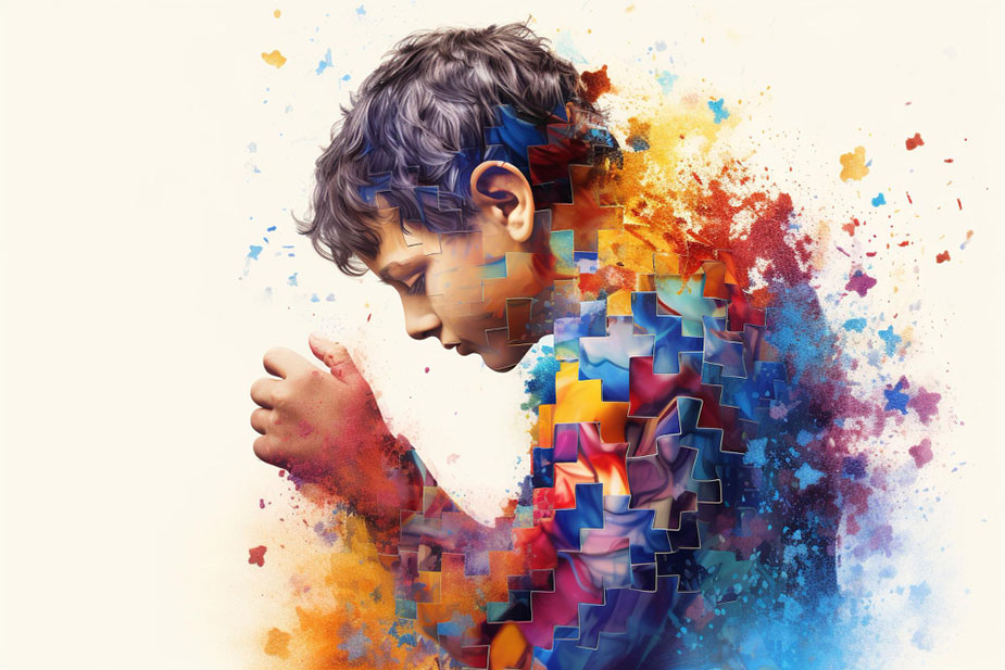 Ilustracija dečaka sa šarenim motivima slagalice kao simbol razumevanja i podrške osobama sa autizmom