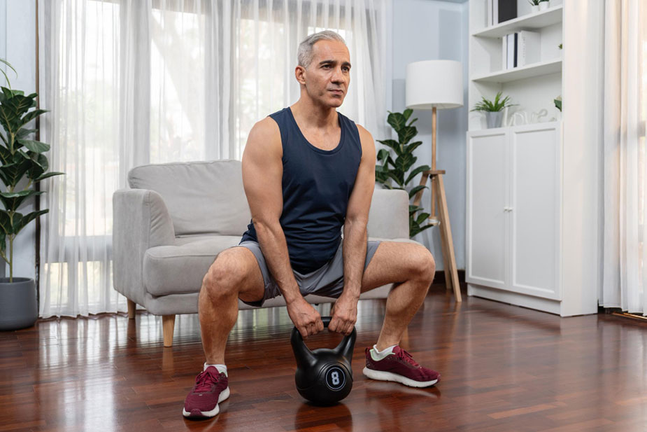 Muškarac u zrelijim godinama radi čučanj sa girjom kod kuće kao primer treninga snage posle 40. godine