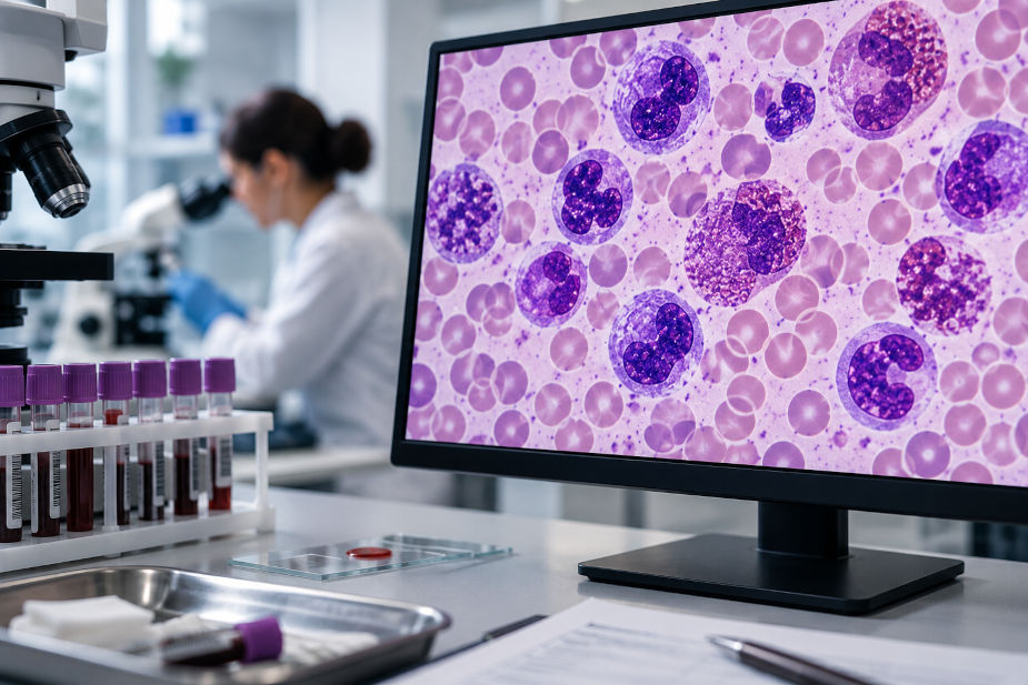 Mikroskopski krvni razmaz prikazan na laboratorijskom monitoru